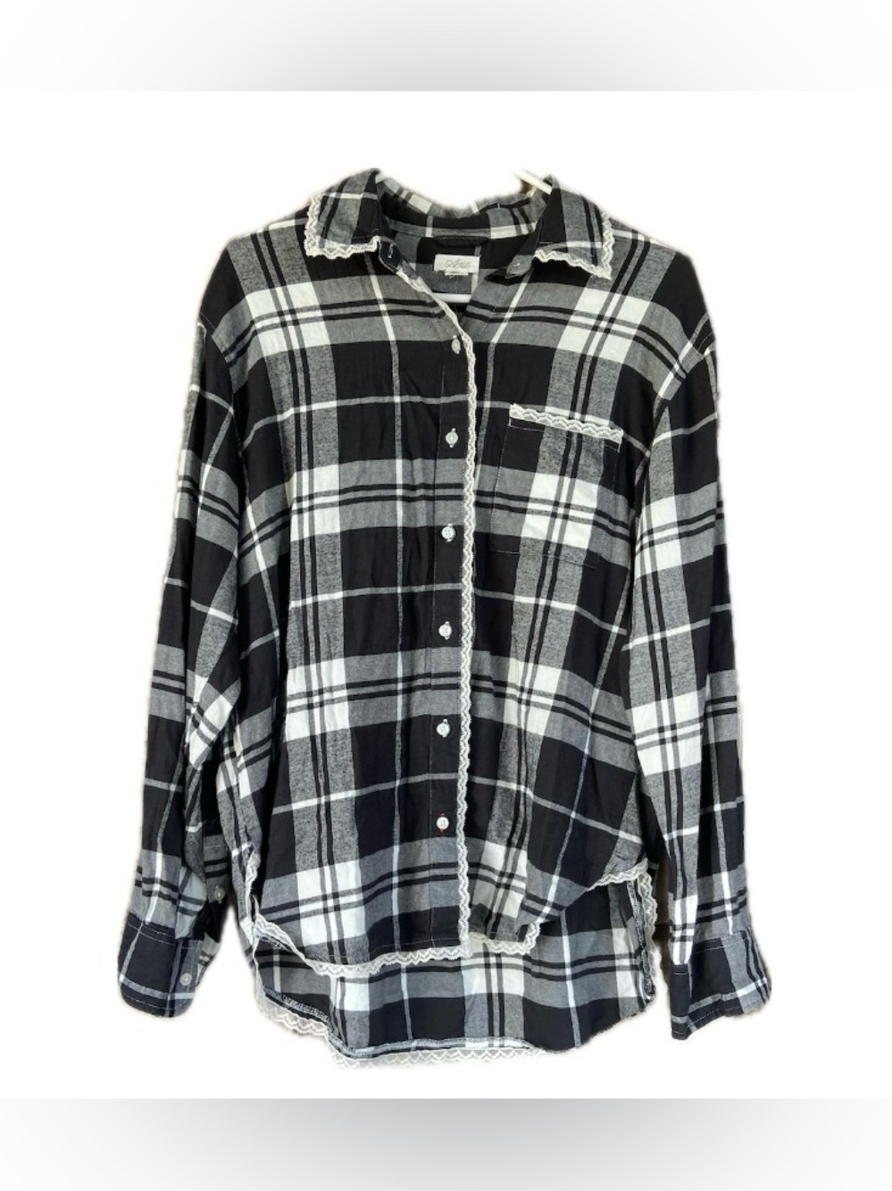 Aerie Black & White Plaid Flannel Pajama Shirt with Lace Trim Cotton Blend - S